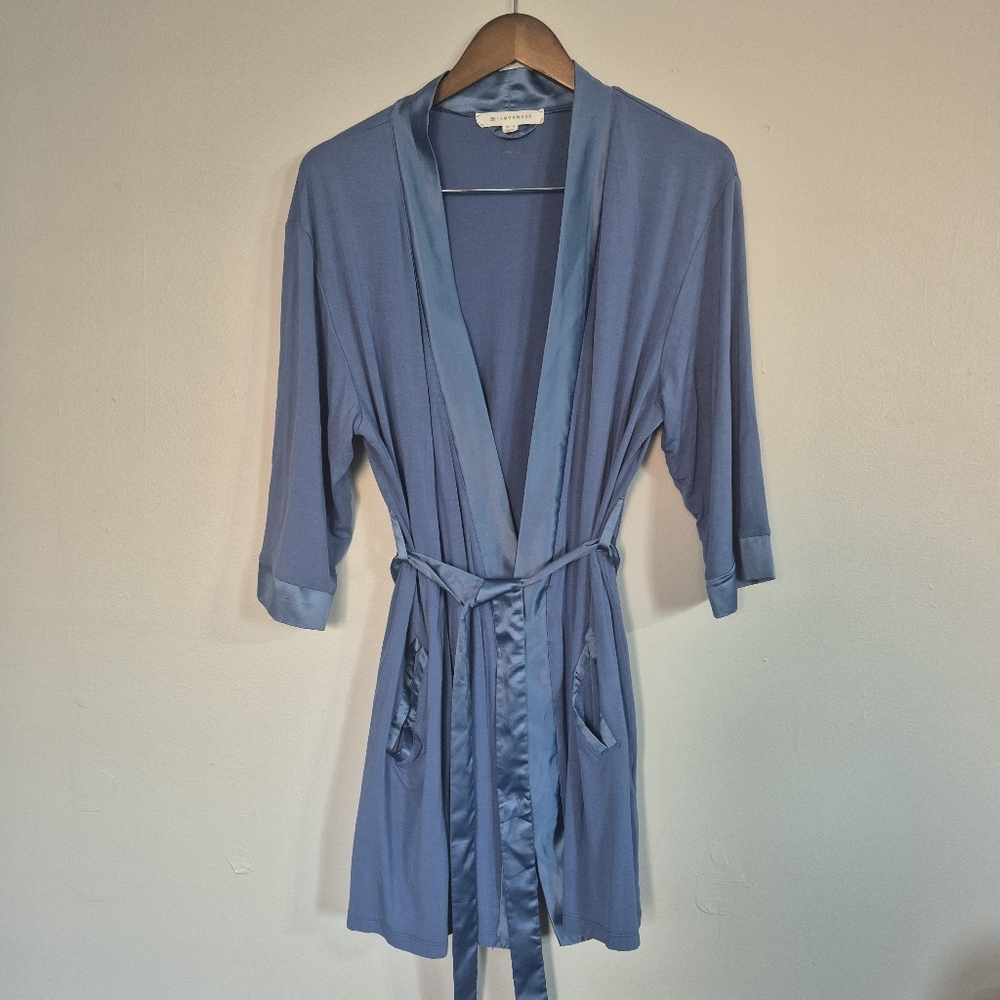 Lemonwood Bamboo Satin Trim Short Robe Blue XS